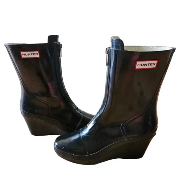 Hunter Mid Calf Gloss Zipper Wedge Waterproof Rain Boots Black Size 7. - Picture 3 of 12